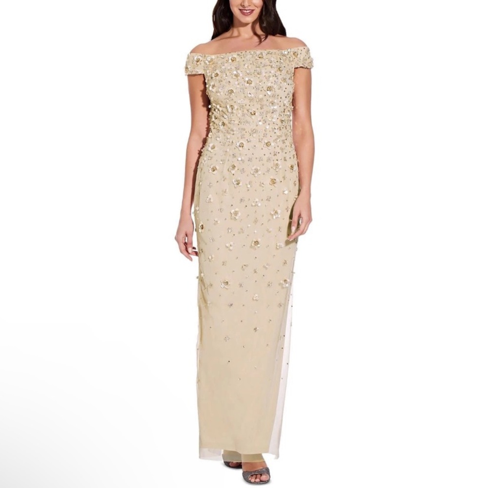 Adrianna Papell Navy Beaded Off Shoulder Formal Maxi Dress Size 14